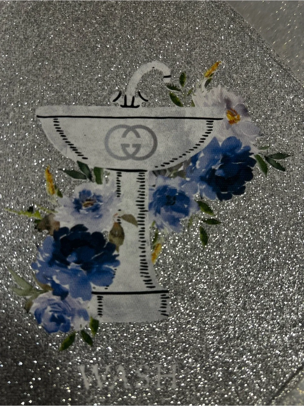 Crystal Luxe Decor Bathroom Accent Silver Glitter Triptych w/ Blue Floral Motif